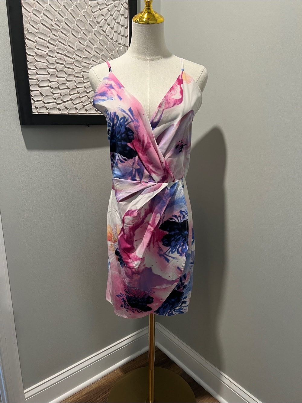 Sleeveless Floral Wrap-Style Mini Dress - Pink & Blue